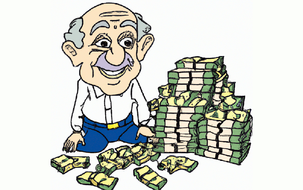 rysunkowy stary człowiek przed stosem pieniędzy