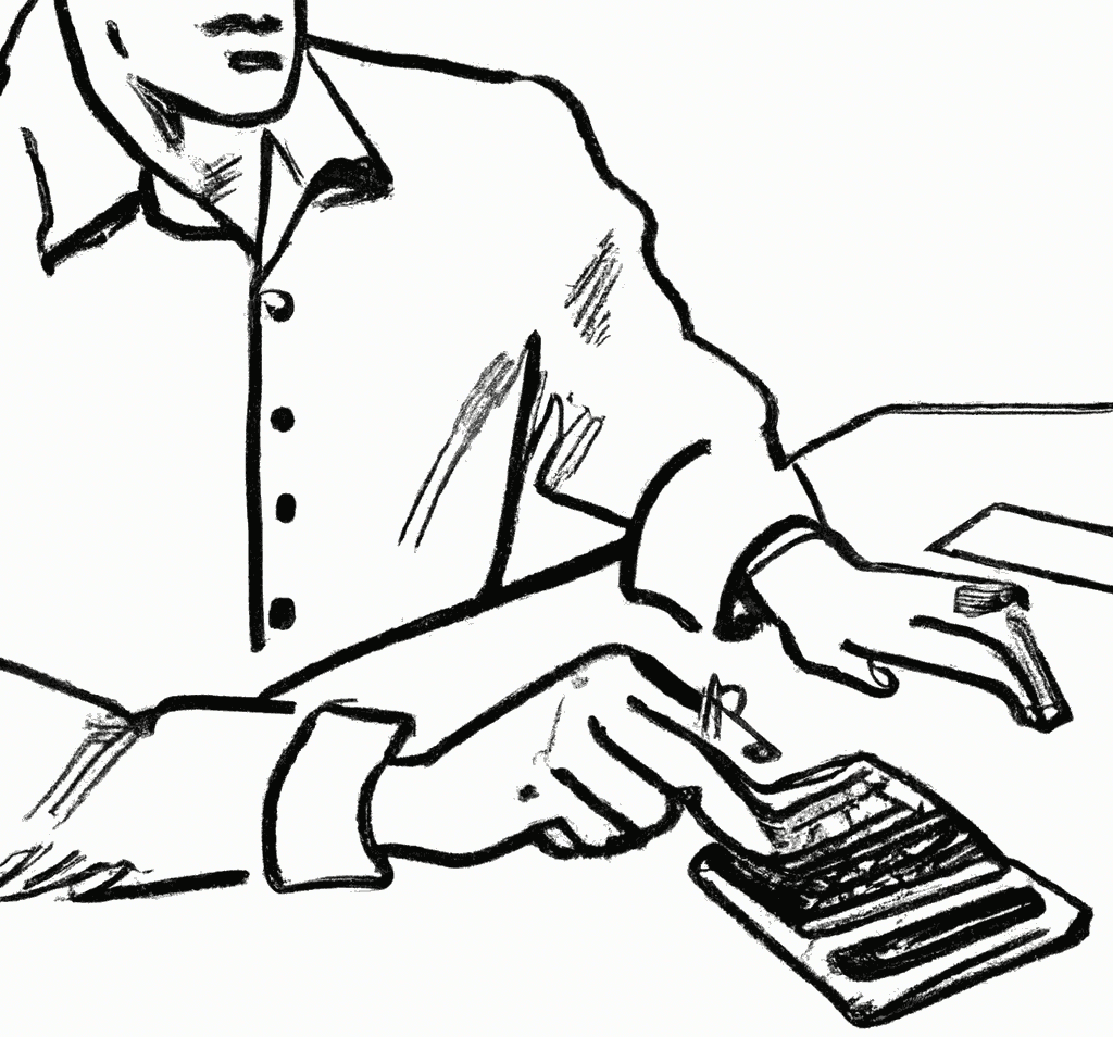 rysunek mężczyzny siedzącego za biurkiem i obliczającego ceny na kalkulatorze